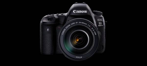A Canon EOS 5D Mark IV DSLR on a black background.