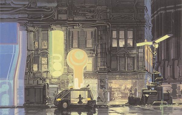 A concept art painting shows a dark city street with older buildings fitted with neon external light panels, and a futuristic car parked.