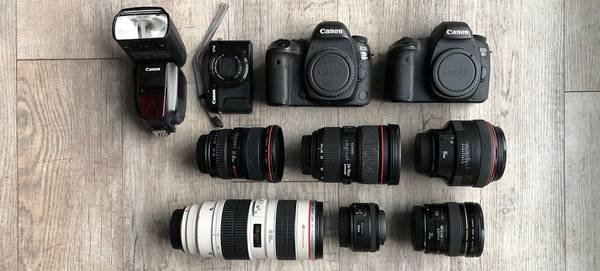 Canon camera kit is arranged, including a Canon EOS 5D Mark IV, Canon PowerShot G7 X Mark II, a Canon Speedlite and a Canon lenses.