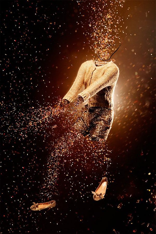 A model seems to be transformed into an explosion of confetti; only the cardigan and shoes are unaffected. Photo by Quentin Caffier, taken on a Canon EOS 5D Mark II.