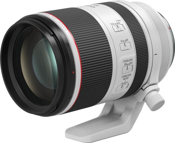 The Canon RF 70-200mm F2.8L IS USM lens with tripod mount fitted.