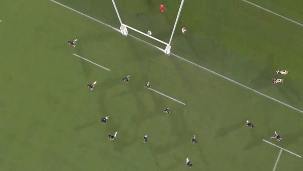 In a frame from the Canon Free Viewpoint Video System clip of the Ireland v Scotland match at Rugby World Cup 2019, the ball flies over the crossbar in a bird's-eye view.