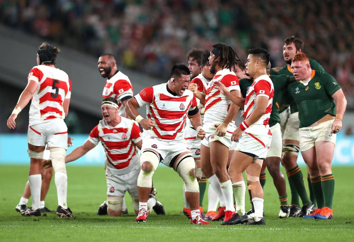 Japanese rugby players celebrate after being awarded a penalty against South Africa in their Rugby World Cup 2019? quarter-final.
