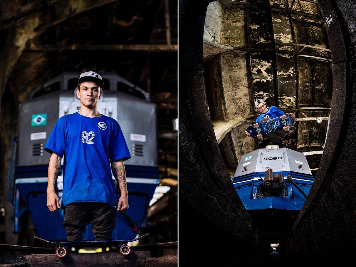 A diptych image shows, left: a portrait of Felipe Nunes standing on a skateboard without any prosthetic legs, in front of a stationary train, right: Felipe jumping over the camera on his skateboard, a battered wooden roof overhead and a train behind him.