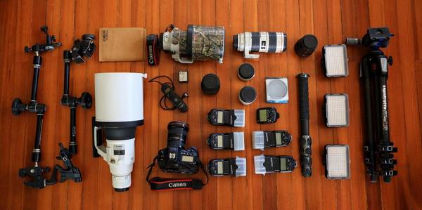 Christian Ziegler’s photography equipment is laid out.