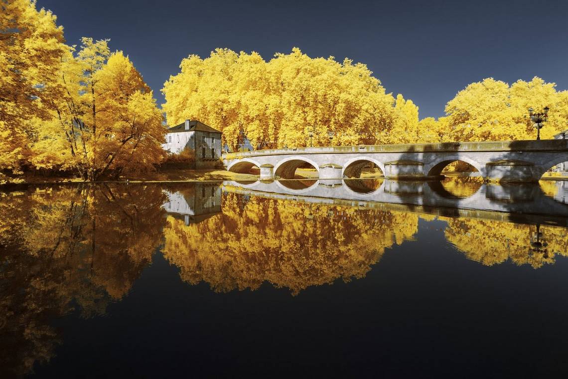 An infrared shot of a bridge across a still lake in which the trees appear bright yellow. Taken by Pierre-Louis Ferrer.