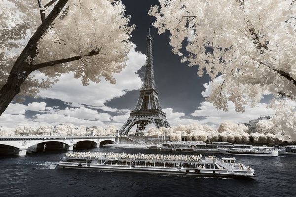 An infrared shot of the Eiffel Tower and boats on the Seine in which the trees appear white. Taken by Pierre-Louis Ferrer. 
