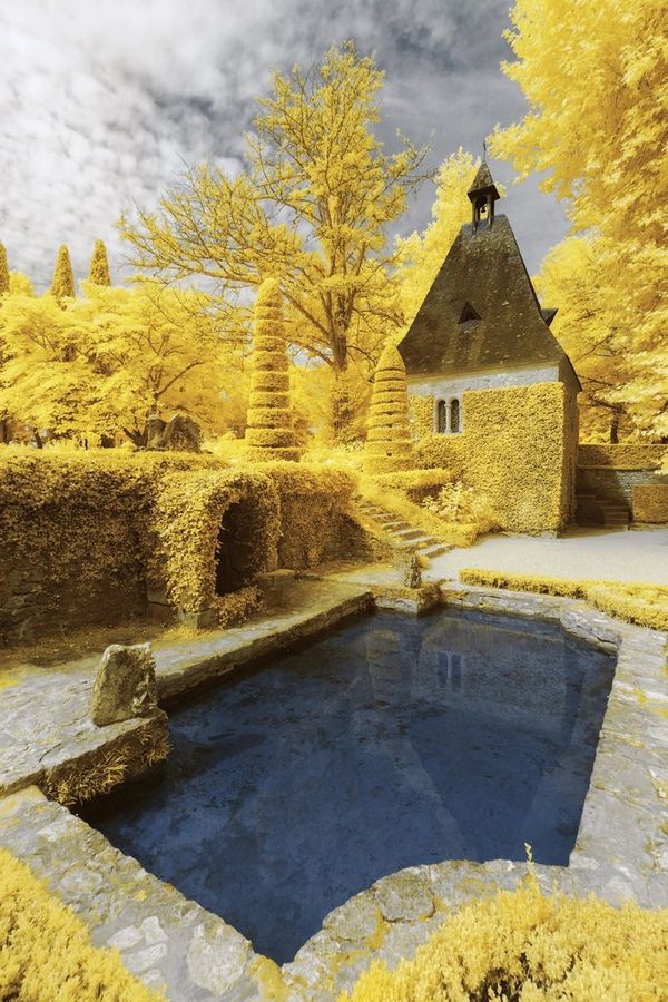 An infrared shot of Eyrignac Manor Gardens, France, in which all the trees and foliage appear bright yellow. Taken by Pierre-Louis Ferrer. 