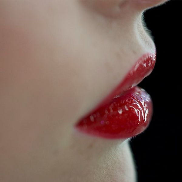 A close-up of a model’s made-up lips