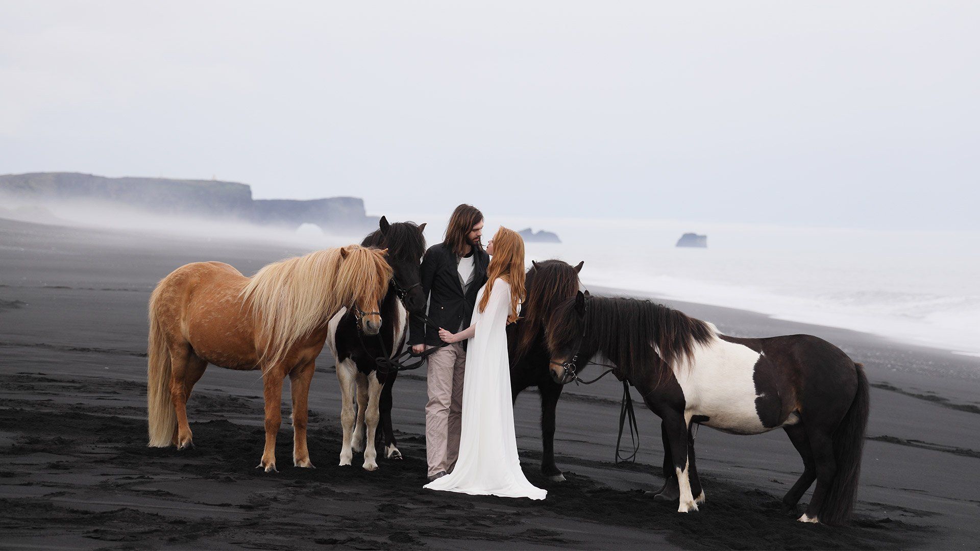 A couple eloping in Iceland on a beach with horses shot on the Canon EOS R and RF 24-105mm F4L IS USM