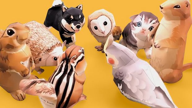 A selection of paper-crafted animals from Canon's Creative Park, including an owl, a squirrel and a hedgehog.