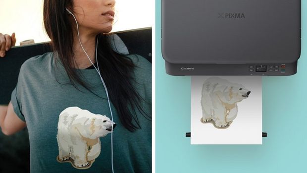 A woman wearing a t-shirt decorated with an iron-on transfer of a polar bear (left). A printout on a printer tray of an iron-on transfer of a polar bear (right).