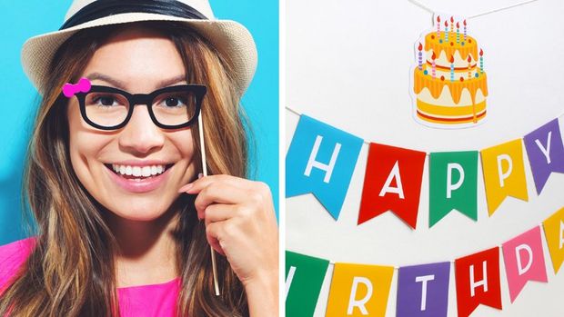 A woman holding printed sunglasses (left). A printed banner spelling 'Happy Birthday' (right).