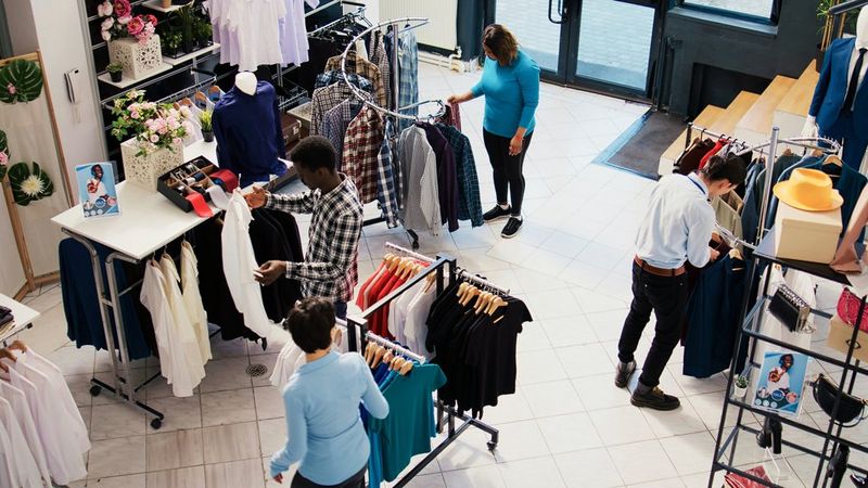 Top-down view of people shopping in a clothes store. They are browsing racks of shirts and jackets, with displays of folded clothes, accessories, and promotional signs visible.
