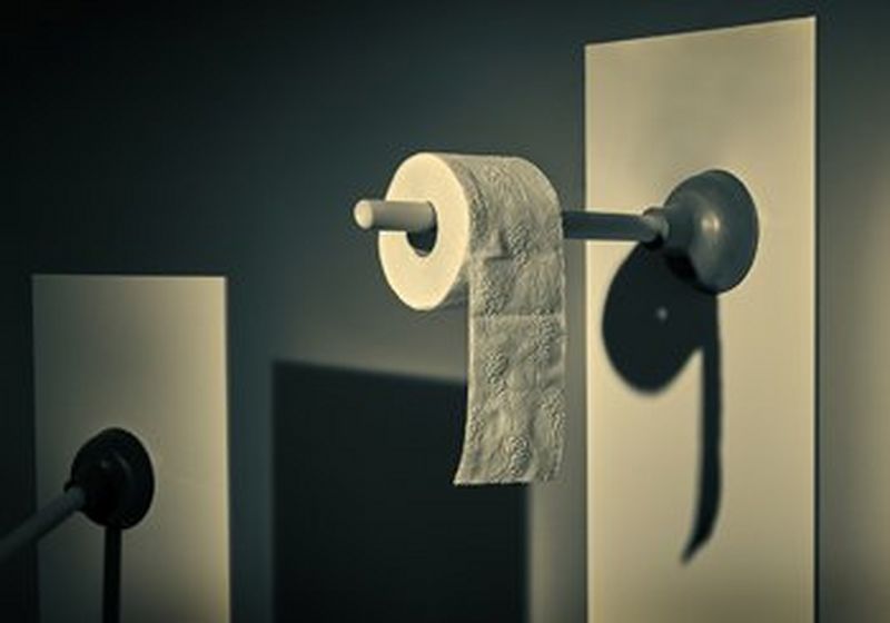 A monochrome image of a roll of toilet paper hanging on a wooden plunger stuck to a freestanding white panel. Beside it, bottom left is another plunger, similarly attached to a freestanding white panel. © Eberhard Schuy