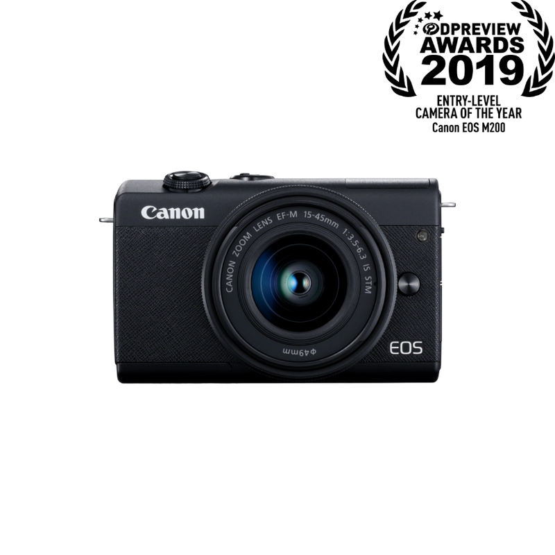 Canon EOS M200 + EF-M 15-45mm Lens + Backpack + SD card Product Front View with an Award icon