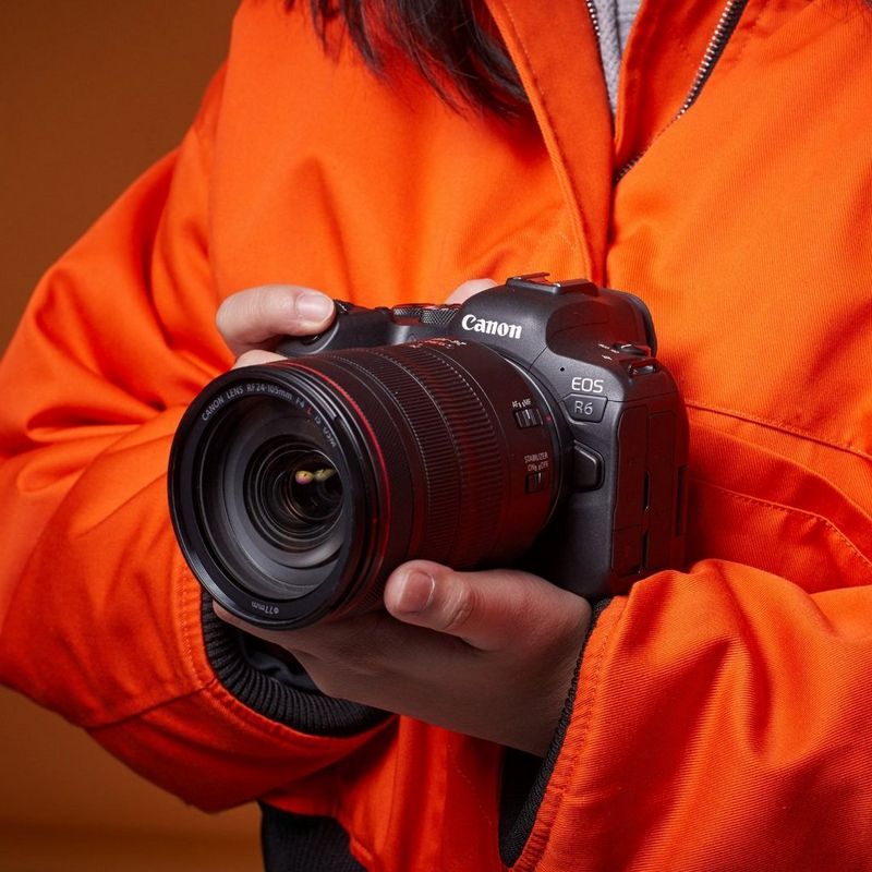Photographer in a bright orange jacket holding a Canon EOS R6 Mirrorless Camera with a Canon Lens.