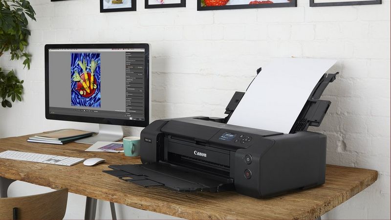 Professionel PIXMA-fotoprinter på et skrivebord, der printer et fotografi.