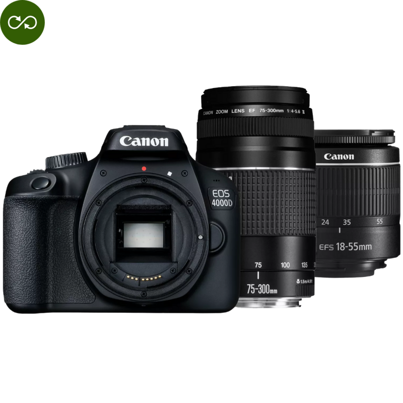 Canon EOS 4000D Body + EF-S 18-55mm III + EF 75-300mm III Product Front View Of Camera Along With Its Kit Components