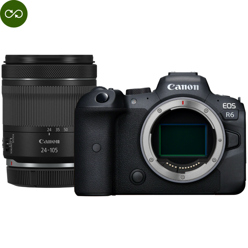 Canon EOS R6 Mirrorless Camera + RF 24-105mm F4-7.1 IS STM Lens Product Front View of the Camera Body and Lens