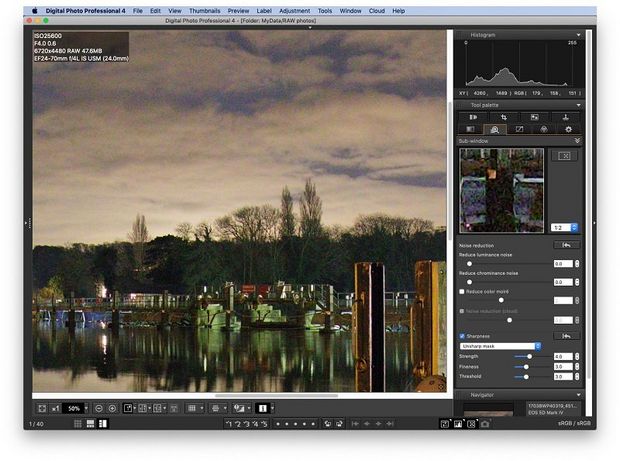A photo taken on a river at dusk, with image noise being corrected in DPP.