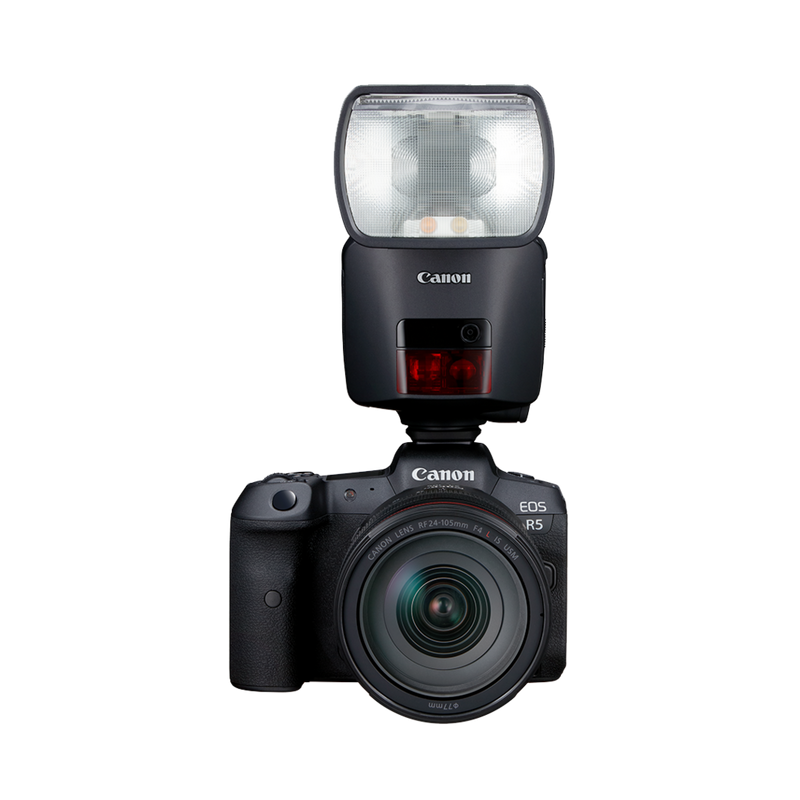 Vue avant du packshot EL-1 sur la griffe porte-flash de l'EOS R5