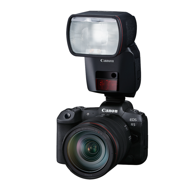 Vue d'angle FSL du packshot EL-1 sur la griffe porte-flash de l'EOS R5