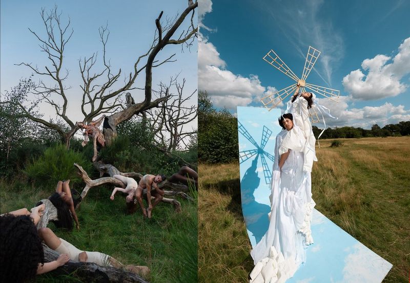 On the left, an image of dancer in short white dirty leotards, draped over the branches of dead trees and grass as though they had been in an explosion. On the right is an image of two dancers dressed in bright white diaphanous dresses and stood in a green field against both a real blue cloudy sky and a painted blue cloudy sky on a backdrop that is underneath and behind them. One dancer supports the other above them as they hold the wooden sails of a windmill.
