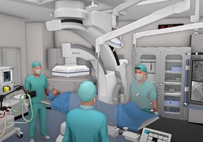 A computer generated 3D recreation of a scanning room. A patient lies on a gurney, underneath a scanner. Three clinicians in scrubs surround them. In the room there are medical machines and a screen showing scans.