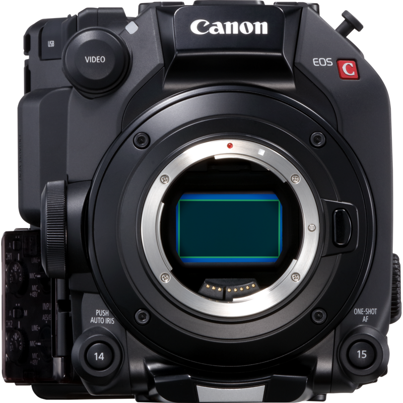 A front view of a Canon EOS C500 Mark II, showing the size of its full-frame sensor.