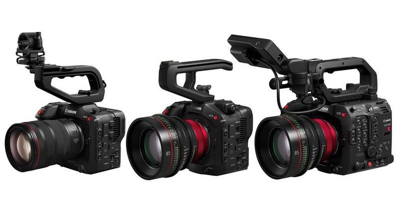 Canon EOS C70, EOS C80 and EOS C400 cameras, with lenses and handles fitted.