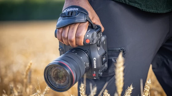 A man stands in a wheat field holding a Canon EOS C70 camera by his side.