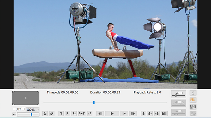 EOS Movie Utility software screengrab showing a scene of an athlete practicing on pommel horse surrounded by production lights.
