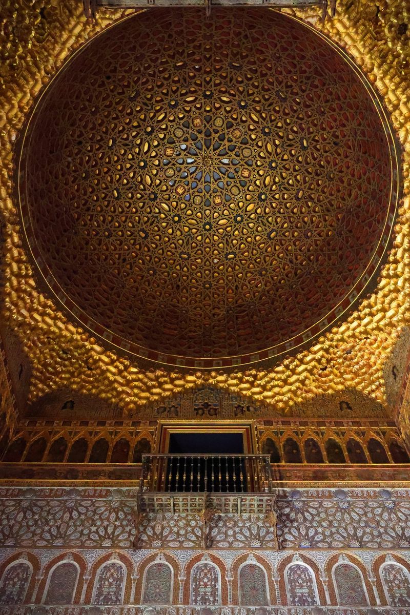 An ornate domed ceiling taken from below.