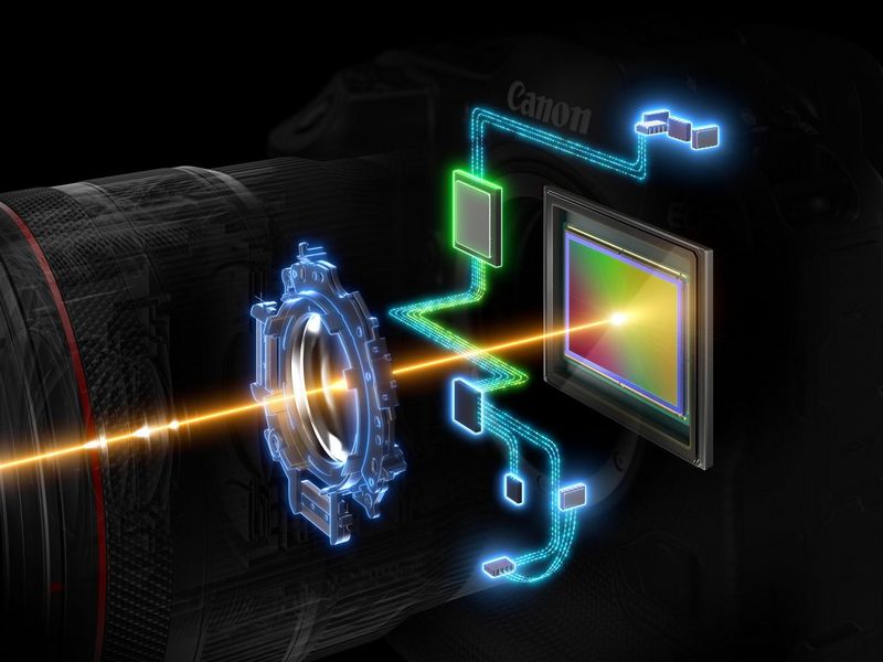 Coupe transversale montrant le système d'autofocus à l'intérieur d'un appareil photo Canon EOS R3 et d'un objectif RF.