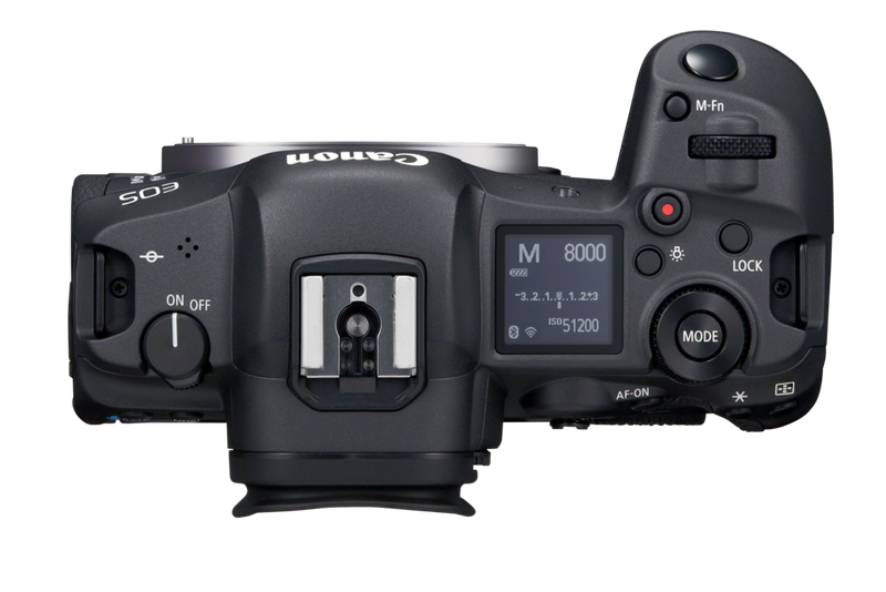 Вид сверху вниз на Canon EOS R5, демонстрирующий различные кнопки и диски управления на верхней панели.