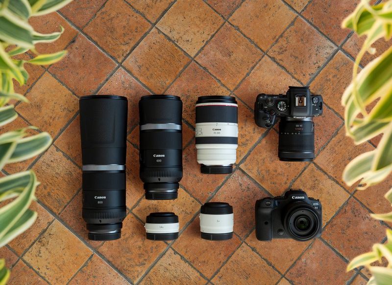 Two Canon EOS R6 cameras and Canon lenses laid out on a tiled floor.