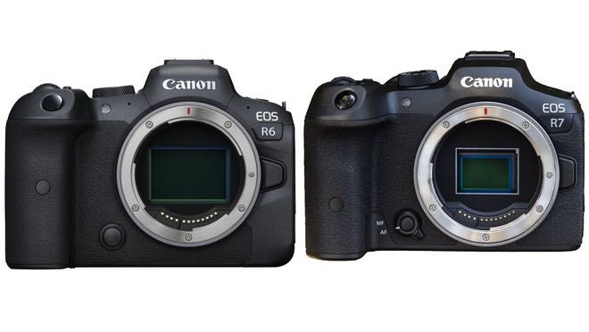 A EOS R6 ao lado da EOS R7. Ambas as câmaras estão sem objetivas.