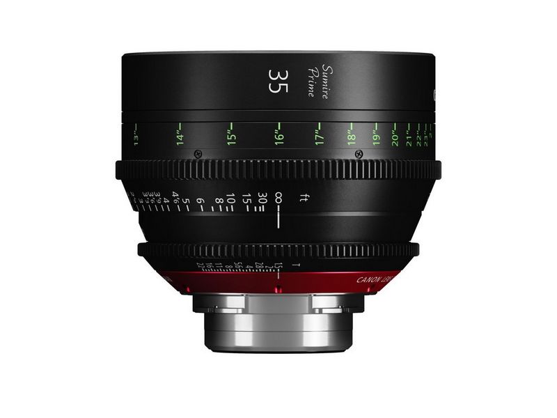 A Canon Sumire Prime 35mm lens, featuring detailed focus and aperture markings, designed for high-end cinematic applications.