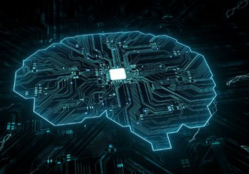 The shape of a brain, illustrated using a blue circuit board design on a black background.