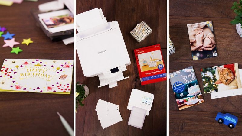 Three images side by side, the first depicting a birthday card surrounded by foam stars and the SELPHY CP1500 printer tray in the background. The second image showcases the PIXMA and SELPHY CP1500 printer alongside Canon matte double-sided paper and postcard paper and mini-wrapped presents. The third image contains a collection of DIY greeting cards and invitations created with Canon PIXMA and SELPHY printers.