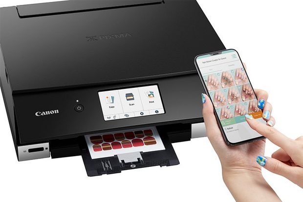 A woman holds a smartphone above a Canon PIXMA TS8350 Series printer.