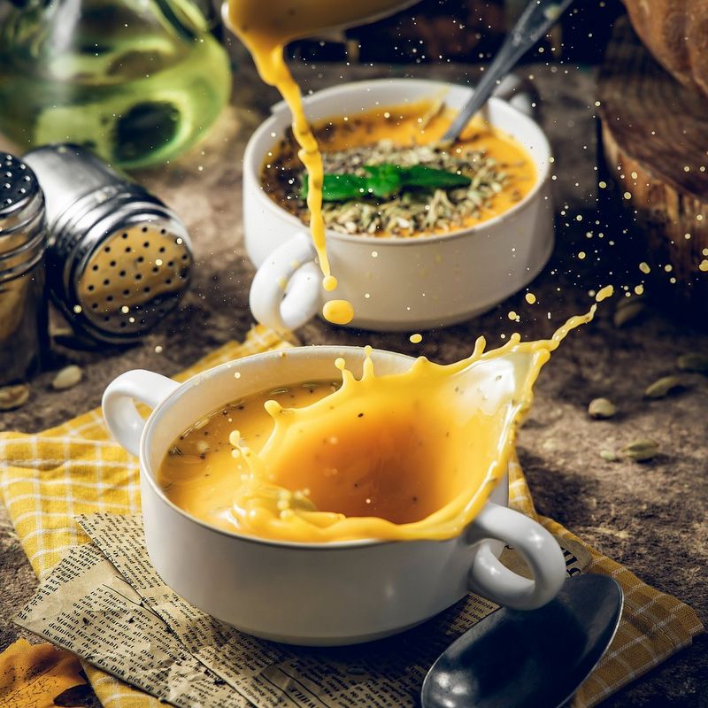 حساء أصفر يتم سكبه في وعاء وتتناثر قطرات السائل في الهواء.