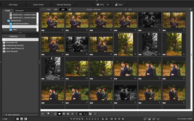 لقطة شاشة لبرنامج تحرير صور تعرض مجموعة من الصور الملونة والصور بالأبيض والأسود من يوم حفل زفاف.