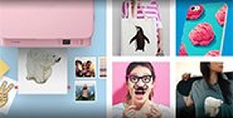 A printout on a printer tray of an iron-on transfer of a polar bear, and different print applications: smartphone, cloth bag, T-shirt, party glasses