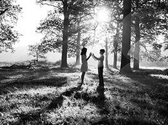 Two children silhouetted against a woodland background by the low sun streaming through the trees.