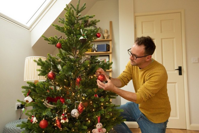 Uomo con felpa senape che decora un albero di Natale.