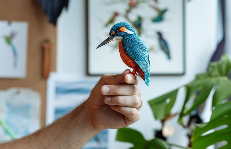 A bright papercraft kingfisher sits on a person's hand with plants and paintings visible in the background.