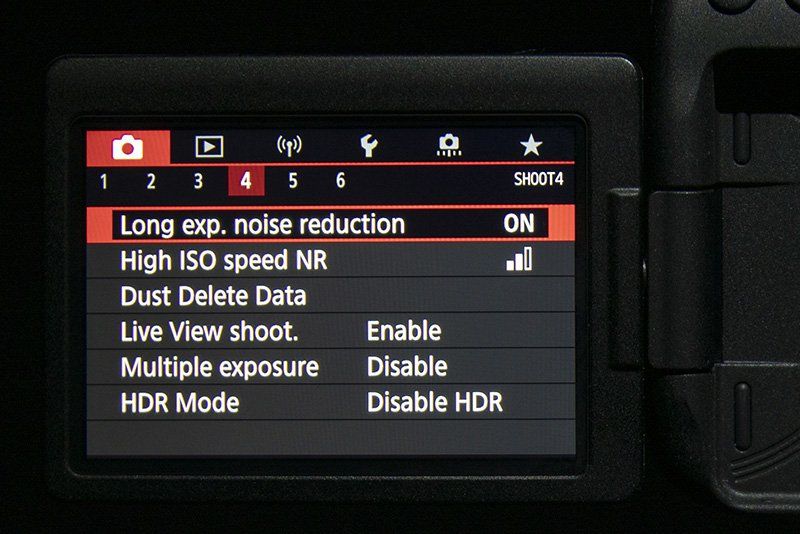The screen of a Canon EOS 90D showing the Long exposure noise reduction setting.