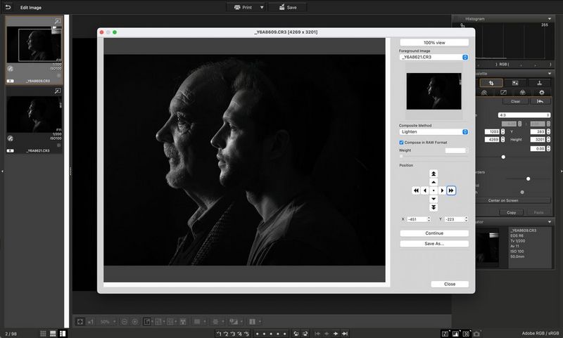 Слика од два црно-бели портрети во профил што се уредуваат со функцијата „Compositing tool“ во софтверот Digital Photo Professional од Canon.